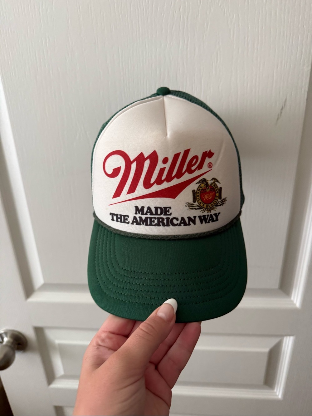 Miller Trucker Hat in White and Forest Green